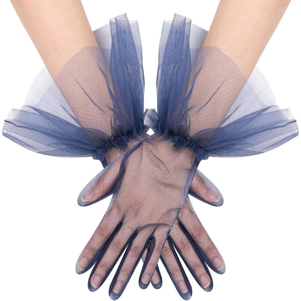 Women's Short Navy Tulle Mesh Puffy Ruffle Gloves Wedding Party Prom Costume